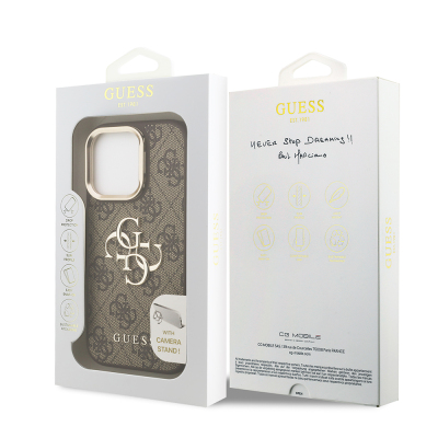 Apple iPhone 16 Pro Max Case Guess Original Licensed PU Leather 4G Patterned Metal Big 4G and Text Logo Camera Stand Cover - 11
