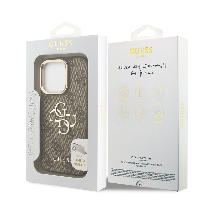 Apple iPhone 16 Pro Max Case Guess Original Licensed PU Leather 4G Patterned Metal Big 4G and Text Logo Camera Stand Cover - 11