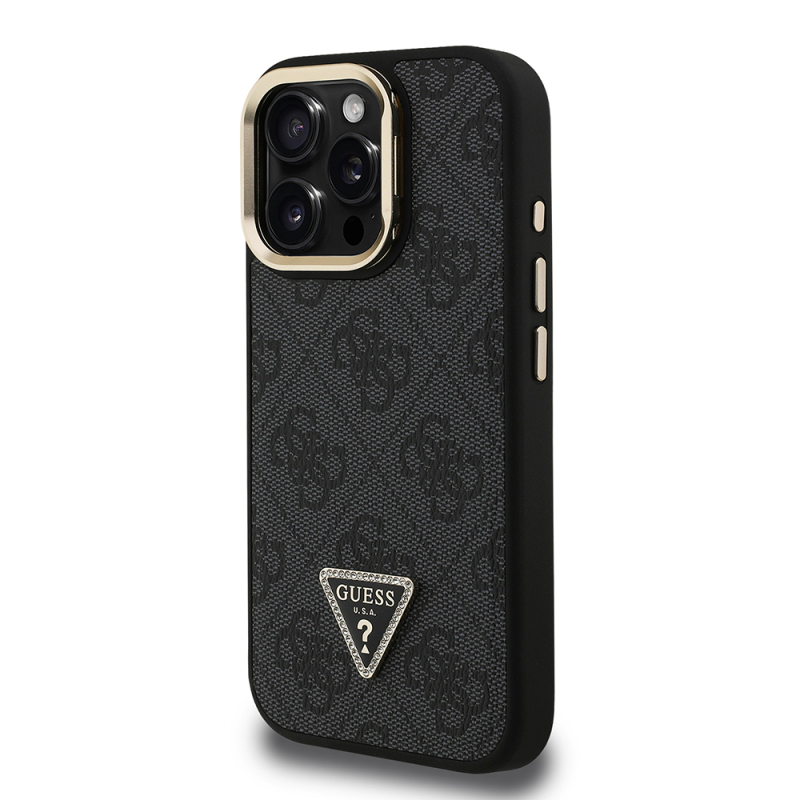 Apple iPhone 16 Pro Max Case Guess Original Licensed PU Leather Stone Triangle Logo 4G Patterned Camera Stand Cover - 4