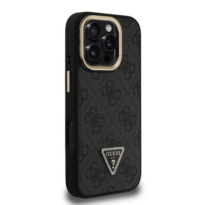 Apple iPhone 16 Pro Max Case Guess Original Licensed PU Leather Stone Triangle Logo 4G Patterned Camera Stand Cover - 6