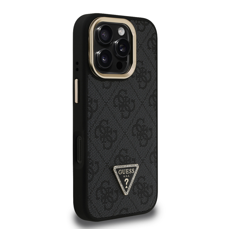 Apple iPhone 16 Pro Max Case Guess Original Licensed PU Leather Stone Triangle Logo 4G Patterned Camera Stand Cover - 6