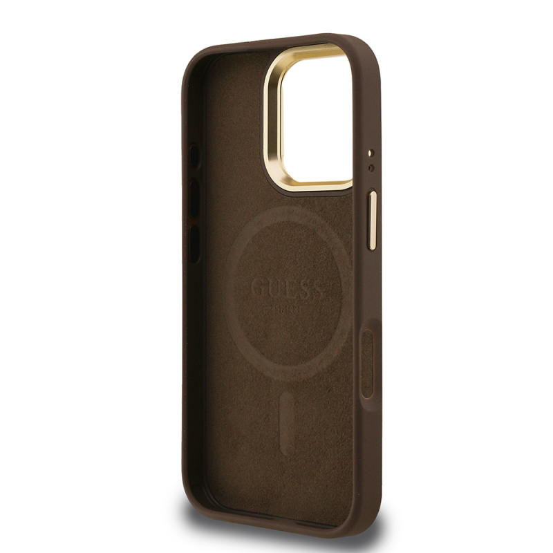 Apple iPhone 16 Pro Max Case Guess Original Licensed PU Leather Stone Triangle Logo 4G Patterned Camera Stand Cover - 16