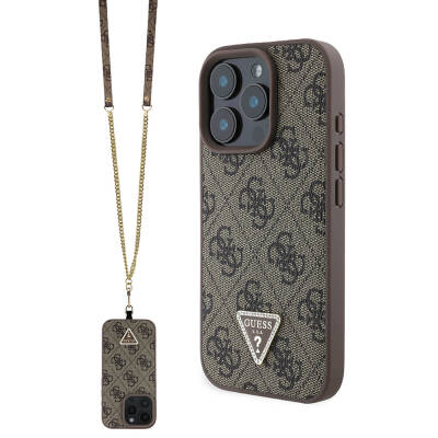 Apple iPhone 16 Pro Max Case Guess Original Licensed PU Leather Stoned Metal Triangle Logo Cross Body Strap 4G Patterned Cover - 11