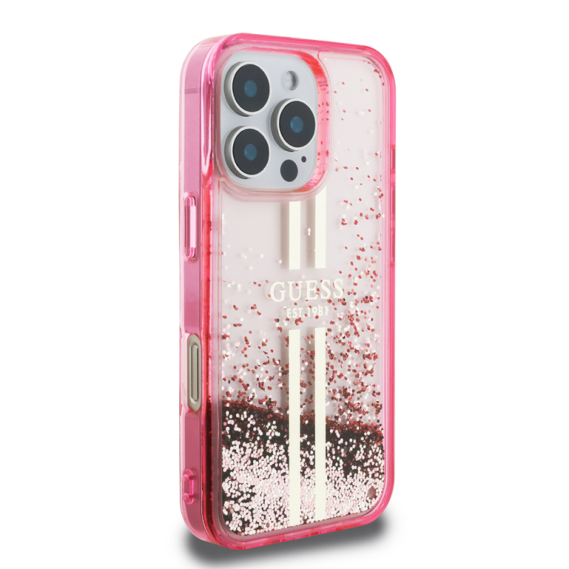 Apple iPhone 16 Pro Max Case Guess Original Licensed Transparent Liquid Glitter Gold Striped Cover - 13