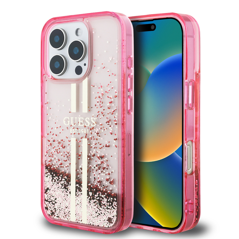 Apple iPhone 16 Pro Max Case Guess Original Licensed Transparent Liquid Glitter Gold Striped Cover - 3
