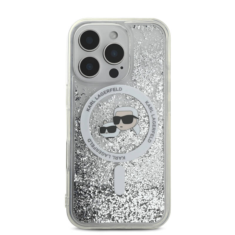 Apple iPhone 16 Pro Max Case Karl Lagerfeld Original Licensed Magsafe Charging Featured Liquid Glitter KC Heads Cover - 2