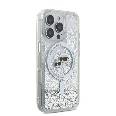 Apple iPhone 16 Pro Max Case Karl Lagerfeld Original Licensed Magsafe Charging Featured Liquid Glitter KC Heads Cover - 4