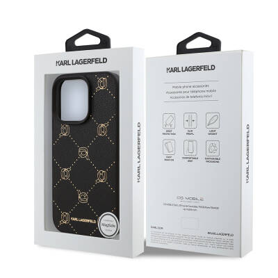 Apple iPhone 16 Pro Max Case Karl Lagerfeld Original Licensed Magsafe Charging Featured PU Leather Karl Heads Patterned Classic Logo Cover - 9