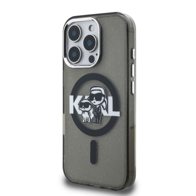Apple iPhone 16 Pro Max Case Karl Lagerfeld Original Licensed Shining Glitter Karl & Choupette Sketch Logo Cover - 3