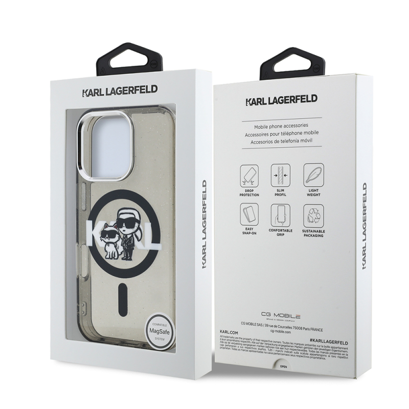 Apple iPhone 16 Pro Max Case Karl Lagerfeld Original Licensed Shining Glitter Karl & Choupette Sketch Logo Cover - 9