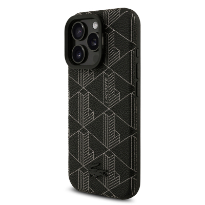 Apple iPhone 16 Pro Max Case Lacoste Original Licensed M-safe Charging Stand PU Leather Mixed Monogram Pattern Cover - 3