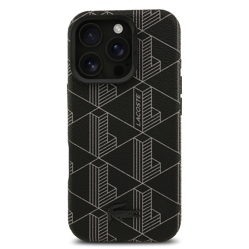 Apple iPhone 16 Pro Max Case Lacoste Original Licensed M-safe Charging Stand PU Leather Mixed Monogram Pattern Cover - 4