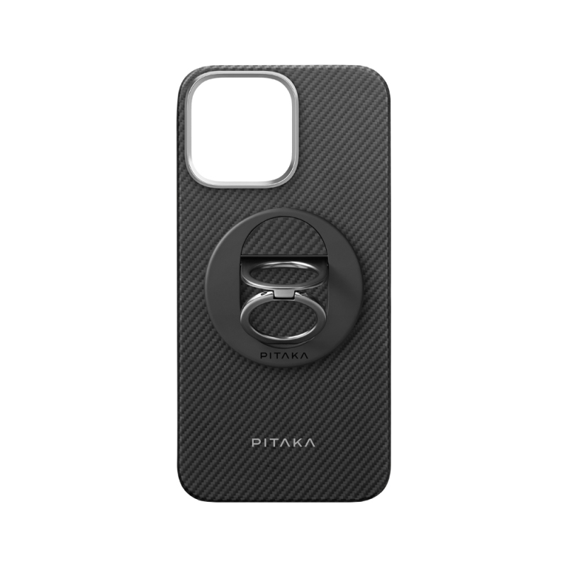 Apple iPhone 16 Pro Max Case Magsafe Charging Feature Grip 3 Stand 600D Aramid Fiber Pitaka Ultra-Slim Classic Series Black-Grey Twill Cover - 1