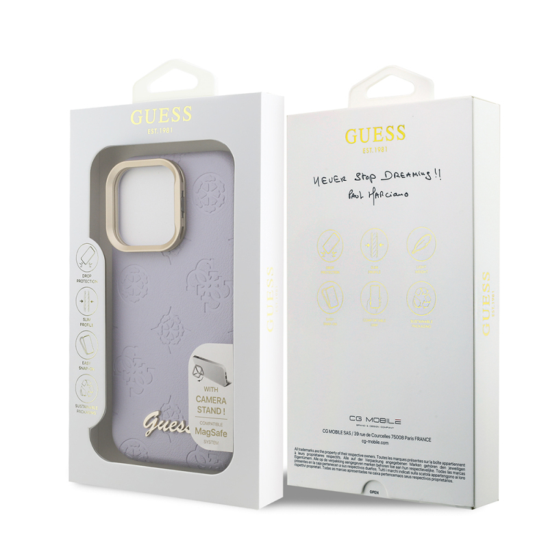 Apple iPhone 16 Pro Max Kılıf Guess Orjinal Lisanslı M-safe Şarj Özellikli Sıcak Baskılı Yazı Logolu Kamera Standlı PU Deri Peony Kapak - 12