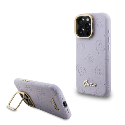 Apple iPhone 16 Pro Max Kılıf Guess Orjinal Lisanslı M-safe Şarj Özellikli Sıcak Baskılı Yazı Logolu Kamera Standlı PU Deri Peony Kapak - 2
