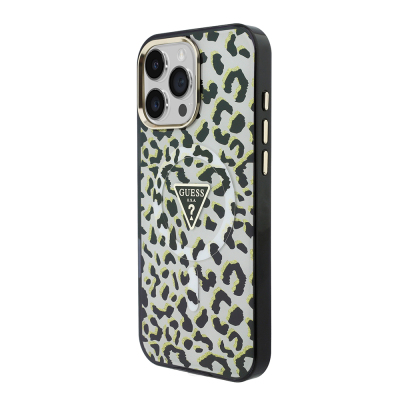 Apple iPhone 16 Pro Max Kılıf Guess Orjinal Lisanslı M-safe Şarj Özellikli Üçgen Logolu Simli Leopar Desenli Kapak - 3