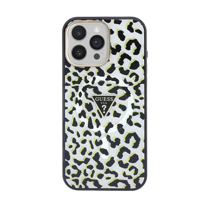 Apple iPhone 16 Pro Max Kılıf Guess Orjinal Lisanslı M-safe Şarj Özellikli Üçgen Logolu Simli Leopar Desenli Kapak - 4