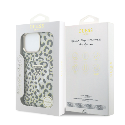 Apple iPhone 16 Pro Max Kılıf Guess Orjinal Lisanslı M-safe Şarj Özellikli Üçgen Logolu Simli Leopar Desenli Kapak - 8