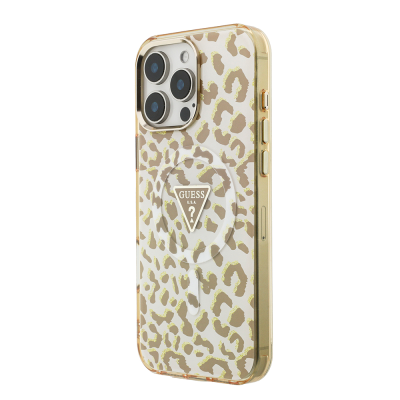 Apple iPhone 16 Pro Max Kılıf Guess Orjinal Lisanslı M-safe Şarj Özellikli Üçgen Logolu Simli Leopar Desenli Kapak - 12