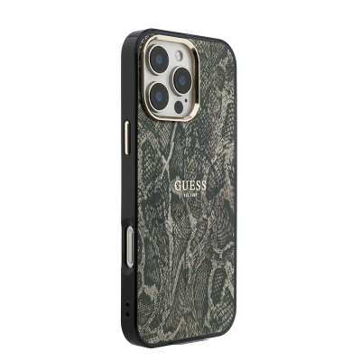 Apple iPhone 16 Pro Max Kılıf Guess Orjinal Lisanslı M-safe Şarj Özellikli Yazı Logolu Python Desenli Kapak - 7