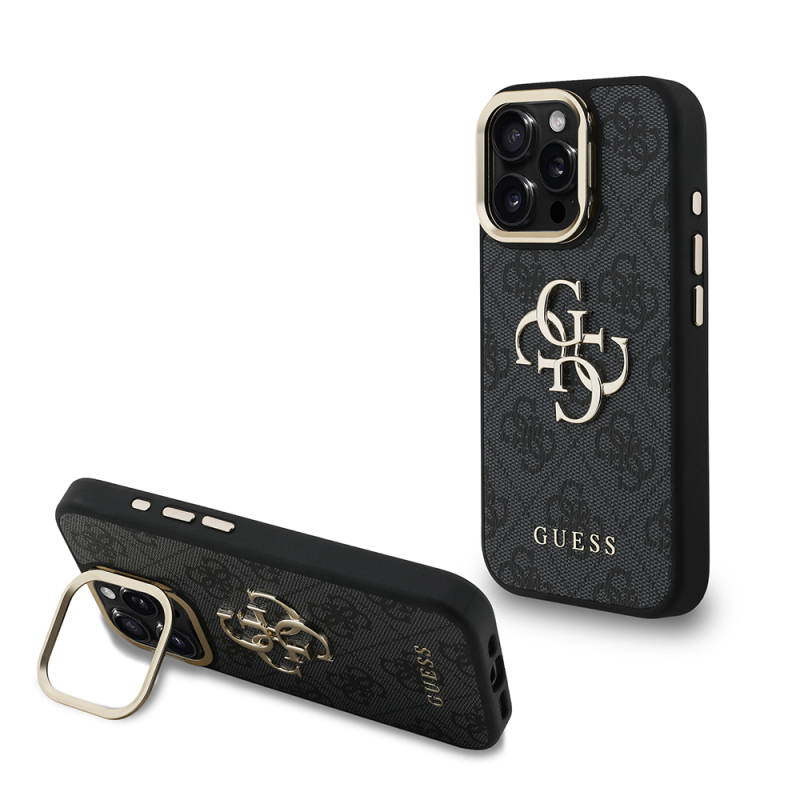 Apple iPhone 16 Pro Max Kılıf Guess Orjinal Lisanslı PU Deri 4G Desenli Metal Büyük 4G ve Yazı Logolu Kamera Standlı Kapak - 3