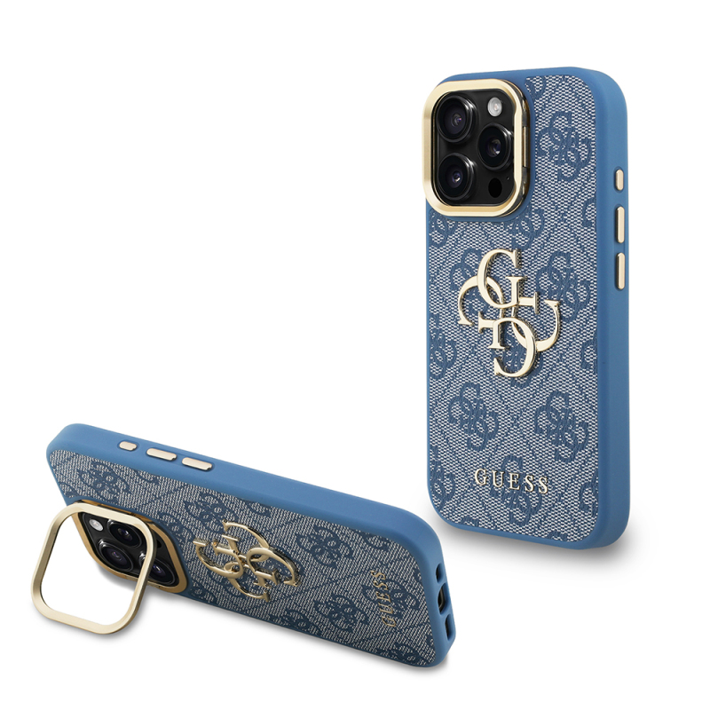 Apple iPhone 16 Pro Max Kılıf Guess Orjinal Lisanslı PU Deri 4G Desenli Metal Büyük 4G ve Yazı Logolu Kamera Standlı Kapak - 4