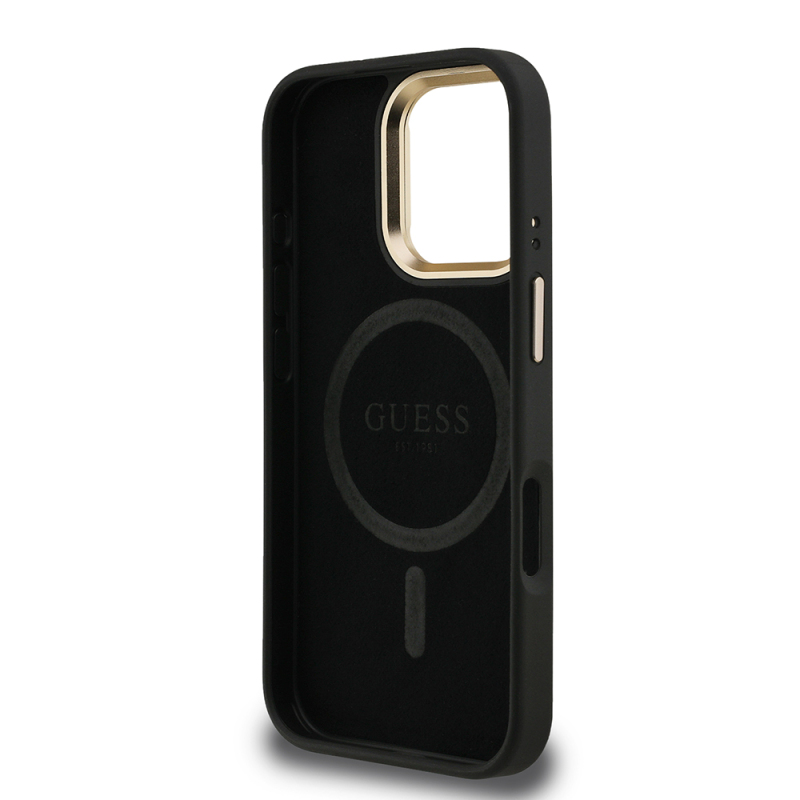 Apple iPhone 16 Pro Max Kılıf Guess Orjinal Lisanslı PU Deri Taşlı Üçgen Logo 4G Desenli Kamera Standlı Kapak - 9