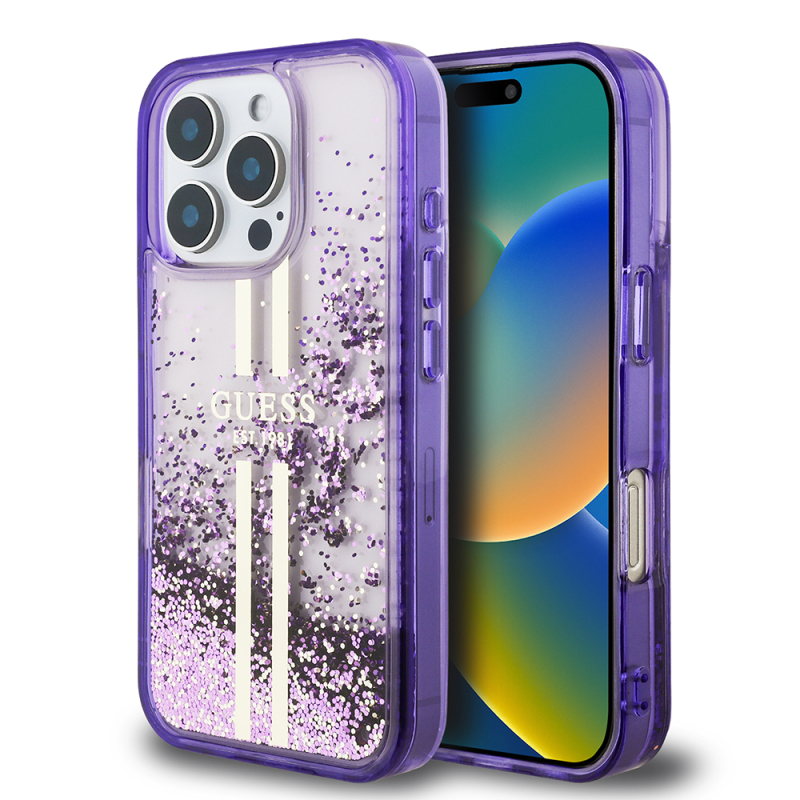 Apple iPhone 16 Pro Max Kılıf Guess Orjinal Lisanslı Transparan Sıvılı Simli Altın Çizgili Kapak - 1
