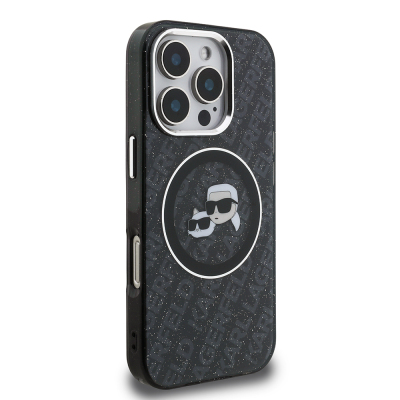 Apple iPhone 16 Pro Max Kılıf Karl Lagerfeld Orjinal Lisanslı Parlayan Simli Karl & Choupette Heads Kapak - 5