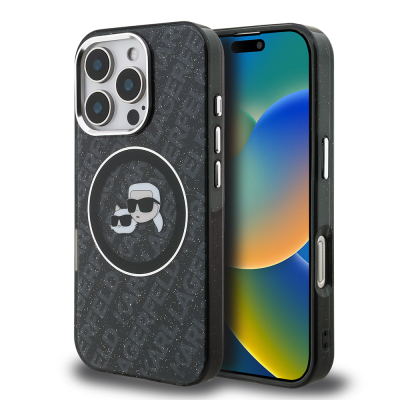 Apple iPhone 16 Pro Max Kılıf Karl Lagerfeld Orjinal Lisanslı Parlayan Simli Karl & Choupette Heads Kapak - 2