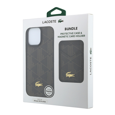 Apple iPhone 16 Pro Max Kılıf Lacoste Orjinal Lisanslı M-safe Şarj Özellikli PU Deri Tasarımlı Kartlıklı Karışık Monogram Desenli Kapak - 10
