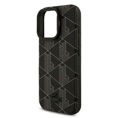 Apple iPhone 16 Pro Max Kılıf Lacoste Orjinal Lisanslı M-safe Şarj Özellikli Standlı PU Deri Karışık Monogram Desenli Kapak - 7