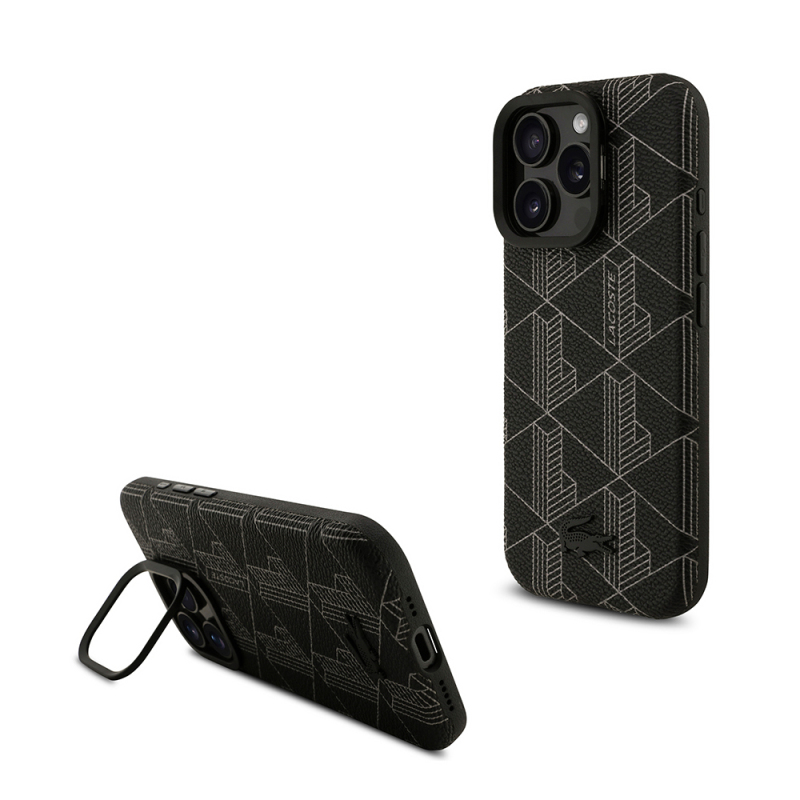 Apple iPhone 16 Pro Max Kılıf Lacoste Orjinal Lisanslı M-safe Şarj Özellikli Standlı PU Deri Karışık Monogram Desenli Kapak - 2