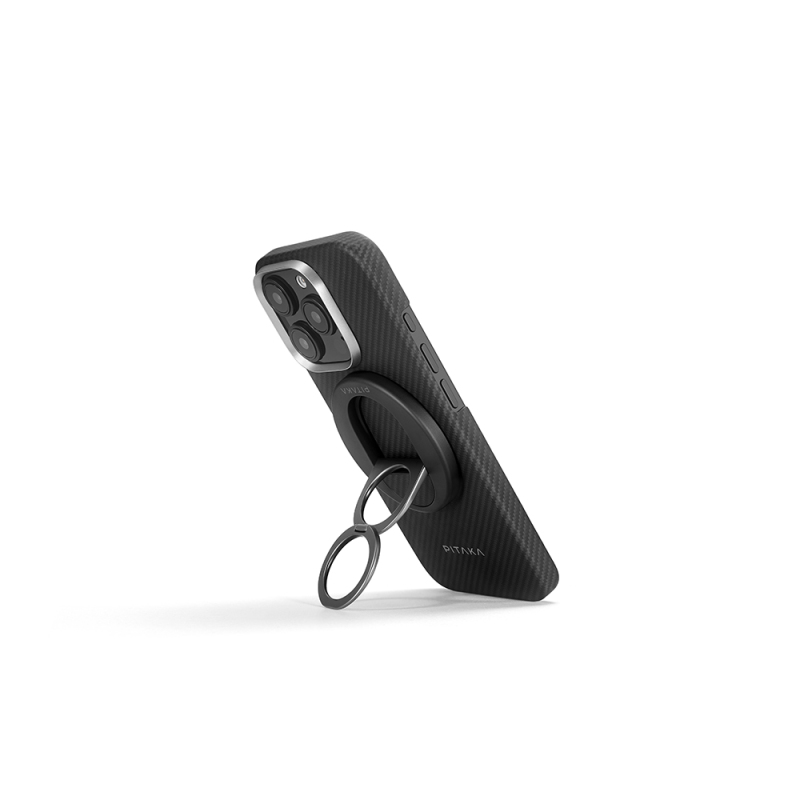 Apple iPhone 16 Pro Max Kılıf M-safe Şarj Özellikli Grip 3 Standlı 600D Aramid Fiber Pitaka Ultra-Slim Classic Serisi Black-Grey Twill Kapak - 3