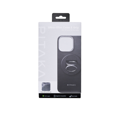 Apple iPhone 16 Pro Max Kılıf M-safe Şarj Özellikli Grip 3 Standlı 600D Aramid Fiber Pitaka Ultra-Slim Classic Serisi Black-Grey Twill Kapak - 4