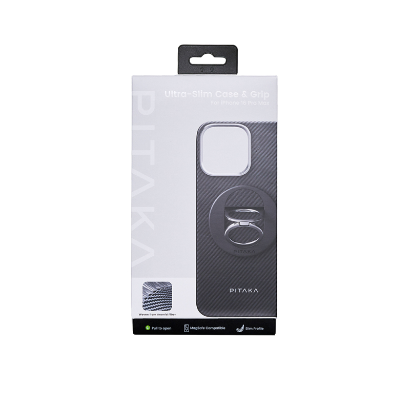 Apple iPhone 16 Pro Max Kılıf M-safe Şarj Özellikli Grip 3 Standlı 600D Aramid Fiber Pitaka Ultra-Slim Classic Serisi Black-Grey Twill Kapak - 4