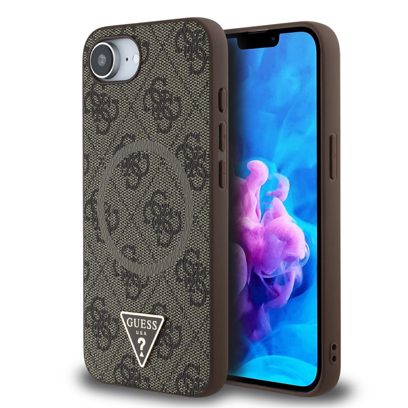 Apple iPhone 16E Case Guess Original Licensed M-safe Charging Feature PU Triangle Logo 4G Patterned Cover - 1