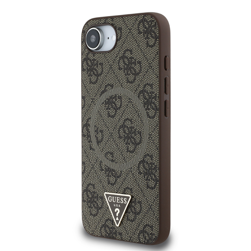 Apple iPhone 16E Case Guess Original Licensed M-safe Charging Feature PU Triangle Logo 4G Patterned Cover - 4