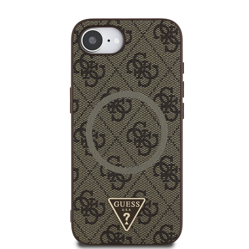 Apple iPhone 16E Case Guess Original Licensed M-safe Charging Feature PU Triangle Logo 4G Patterned Cover - 5