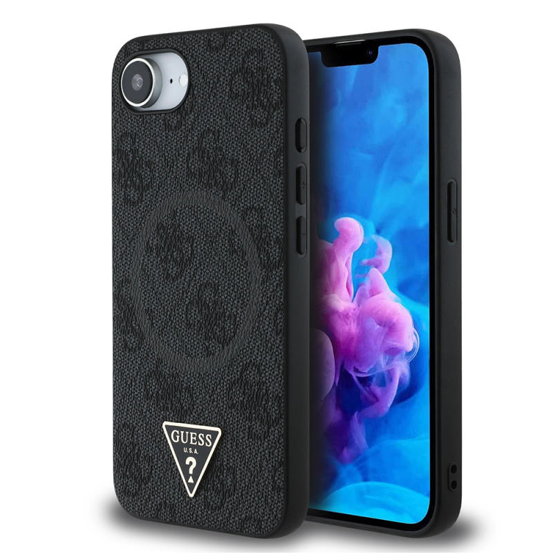 Apple iPhone 16E Case Guess Original Licensed M-safe Charging Feature PU Triangle Logo 4G Patterned Cover - 3