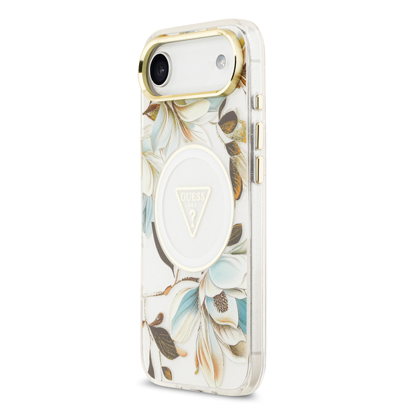 Apple iPhone 17 Air Case Guess Original Licensed M-safe Charging Feature Glittery Flower Patterned Metal Camera Frame Triangle Logo Cover - 6