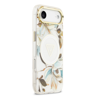 Apple iPhone 17 Air Case Guess Original Licensed M-safe Charging Feature Glittery Flower Patterned Metal Camera Frame Triangle Logo Cover - 8