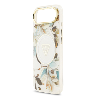 Apple iPhone 17 Air Case Guess Original Licensed M-safe Charging Feature Glittery Flower Patterned Metal Camera Frame Triangle Logo Cover - 10