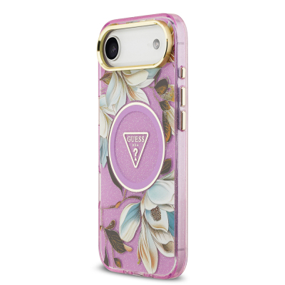 Apple iPhone 17 Air Case Guess Original Licensed M-safe Charging Feature Glittery Flower Patterned Metal Camera Frame Triangle Logo Cover - 12