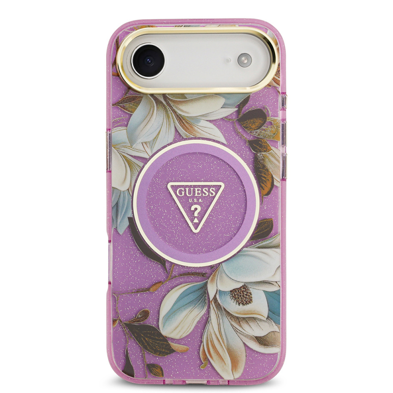 Apple iPhone 17 Air Case Guess Original Licensed M-safe Charging Feature Glittery Flower Patterned Metal Camera Frame Triangle Logo Cover - 13