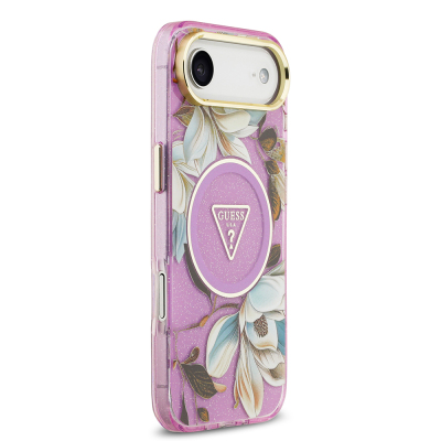 Apple iPhone 17 Air Case Guess Original Licensed M-safe Charging Feature Glittery Flower Patterned Metal Camera Frame Triangle Logo Cover - 14