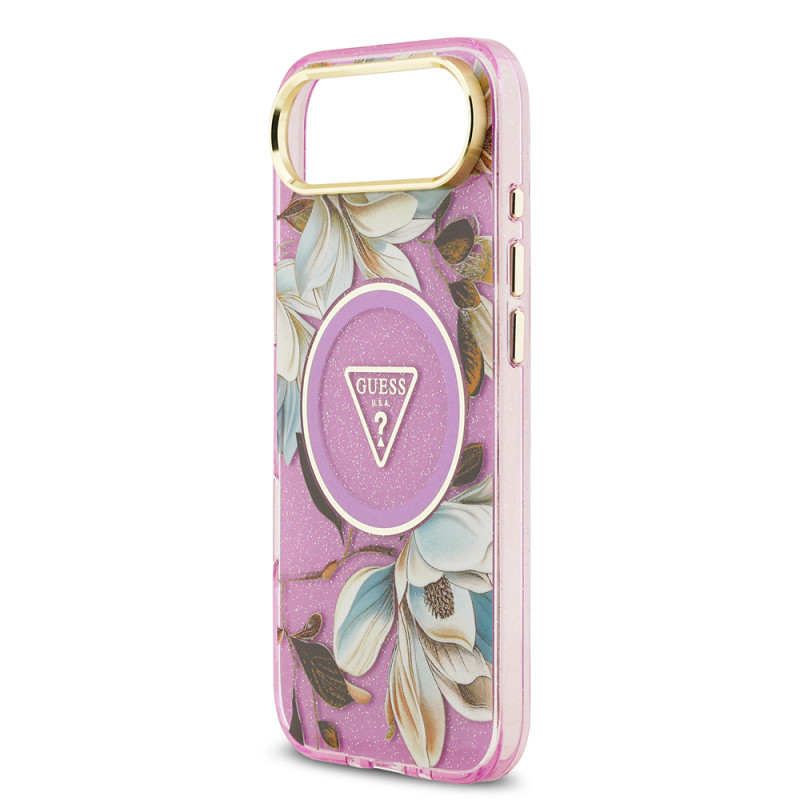 Apple iPhone 17 Air Case Guess Original Licensed M-safe Charging Feature Glittery Flower Patterned Metal Camera Frame Triangle Logo Cover - 16