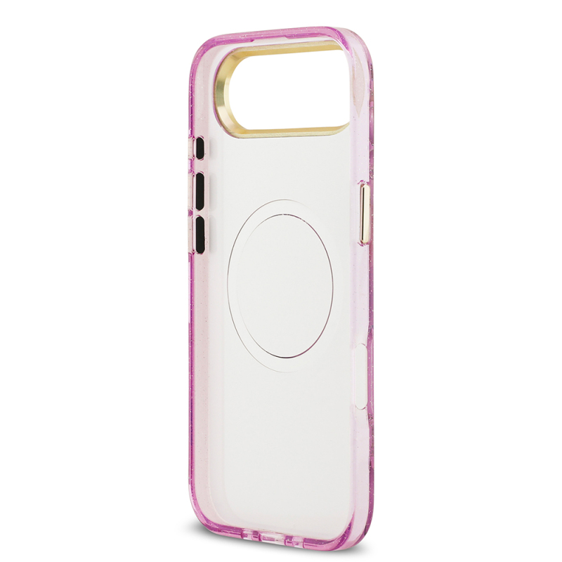 Apple iPhone 17 Air Case Guess Original Licensed M-safe Charging Feature Glittery Flower Patterned Metal Camera Frame Triangle Logo Cover - 17