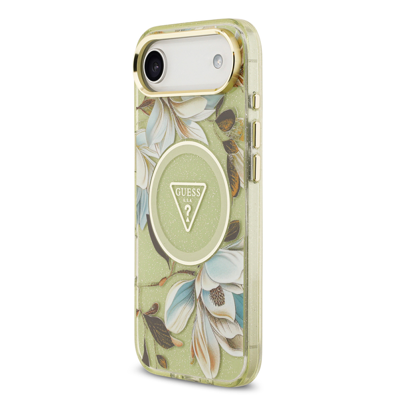 Apple iPhone 17 Air Case Guess Original Licensed M-safe Charging Feature Glittery Flower Patterned Metal Camera Frame Triangle Logo Cover - 18