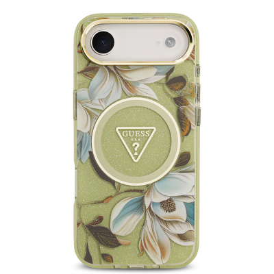 Apple iPhone 17 Air Case Guess Original Licensed M-safe Charging Feature Glittery Flower Patterned Metal Camera Frame Triangle Logo Cover - 19